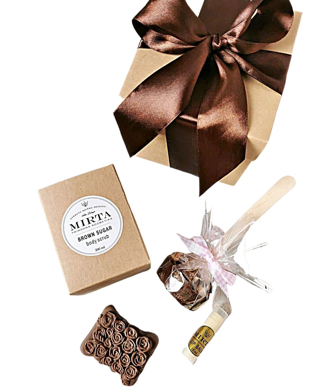 poklon-kutija prirodne kozmetike i slastica od čokolade